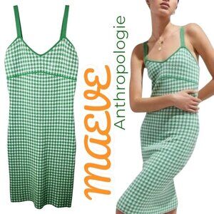 MAEVE ANTHROPOLOGIE Green Gingham Knit Bodycon Midi Dress, Small